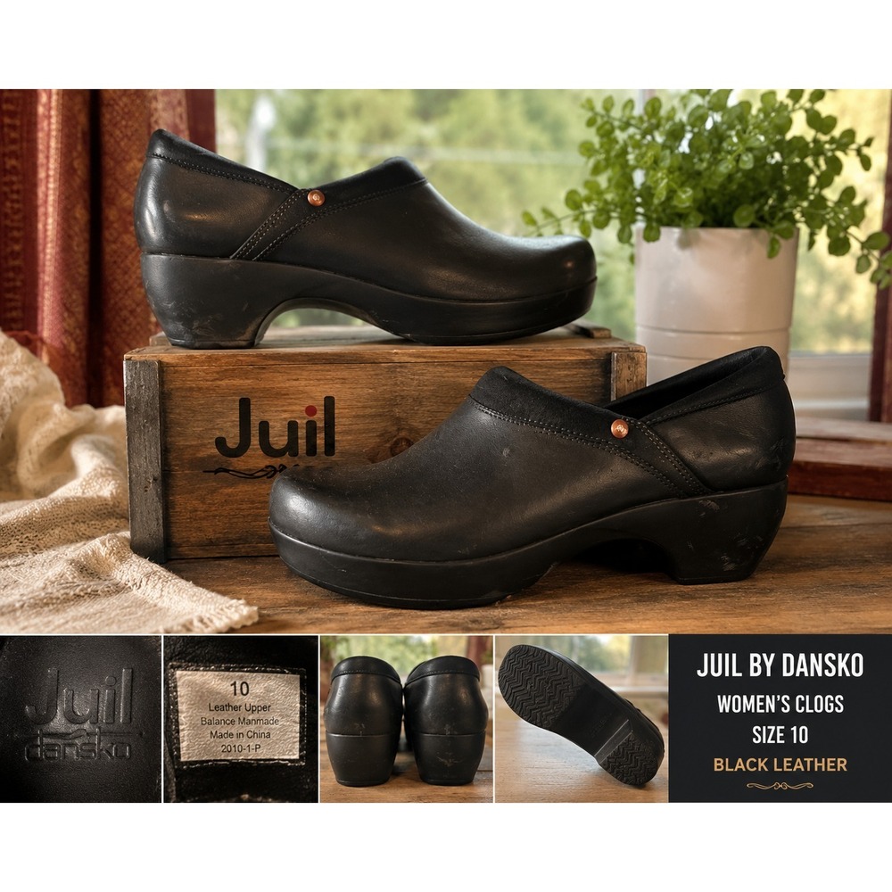 Juil by Dansko Women's Black Leather Clogs Shoes Size 10 Comfort Slip On